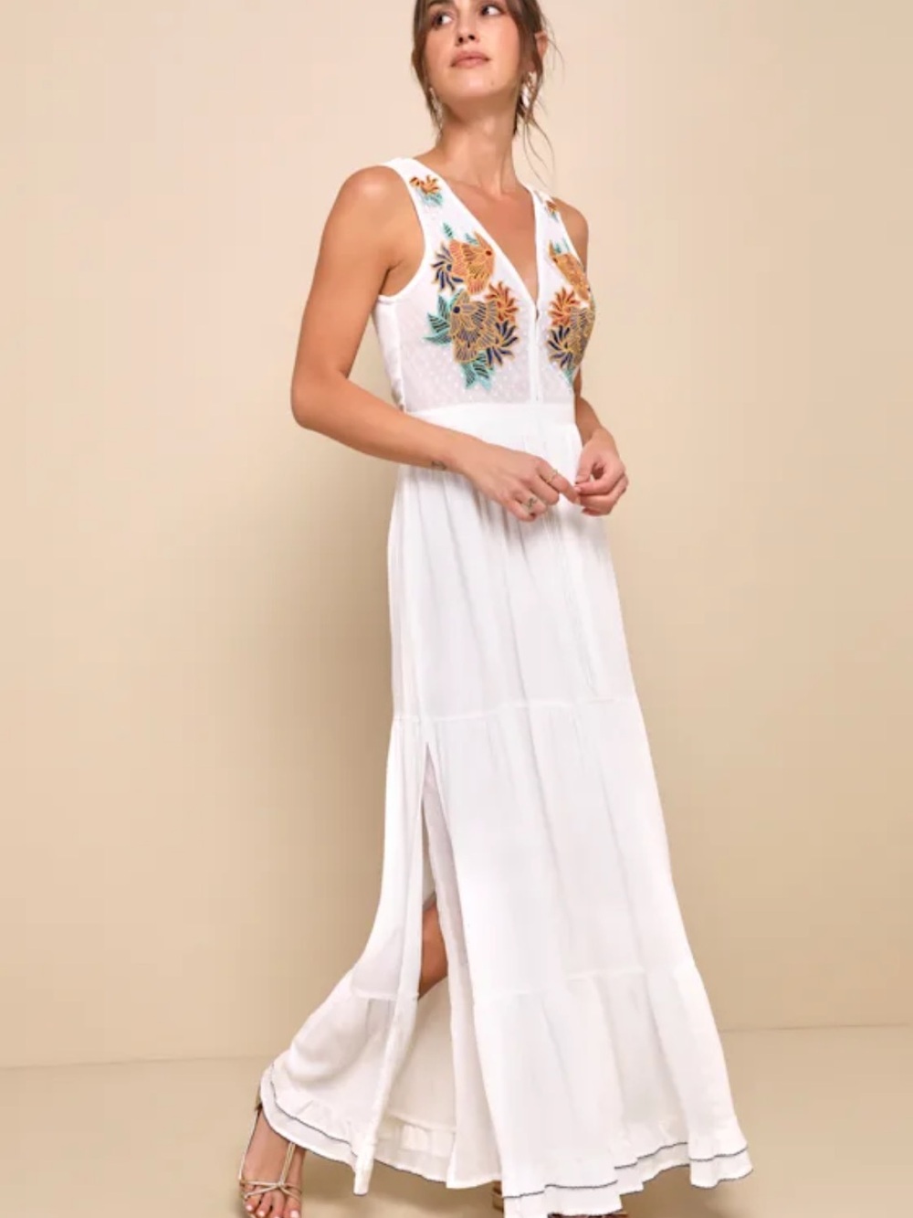 Lulu's White Maxi Dress with Floral Embroidery